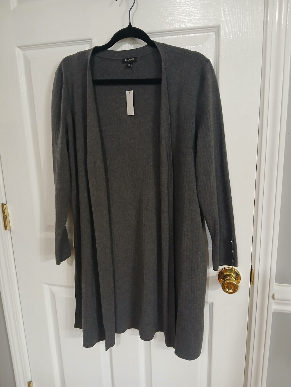 Talbots Charcoal Open-Front Ribbed Cardigan Lagenlook Office Cozy Basic Career